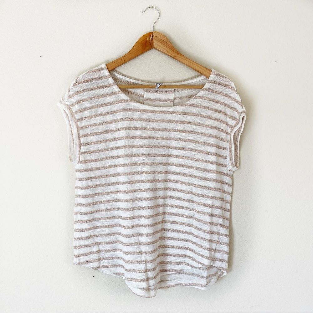Splendid White Gold Stripe Metallic Short Sleeve Knit Women Small
